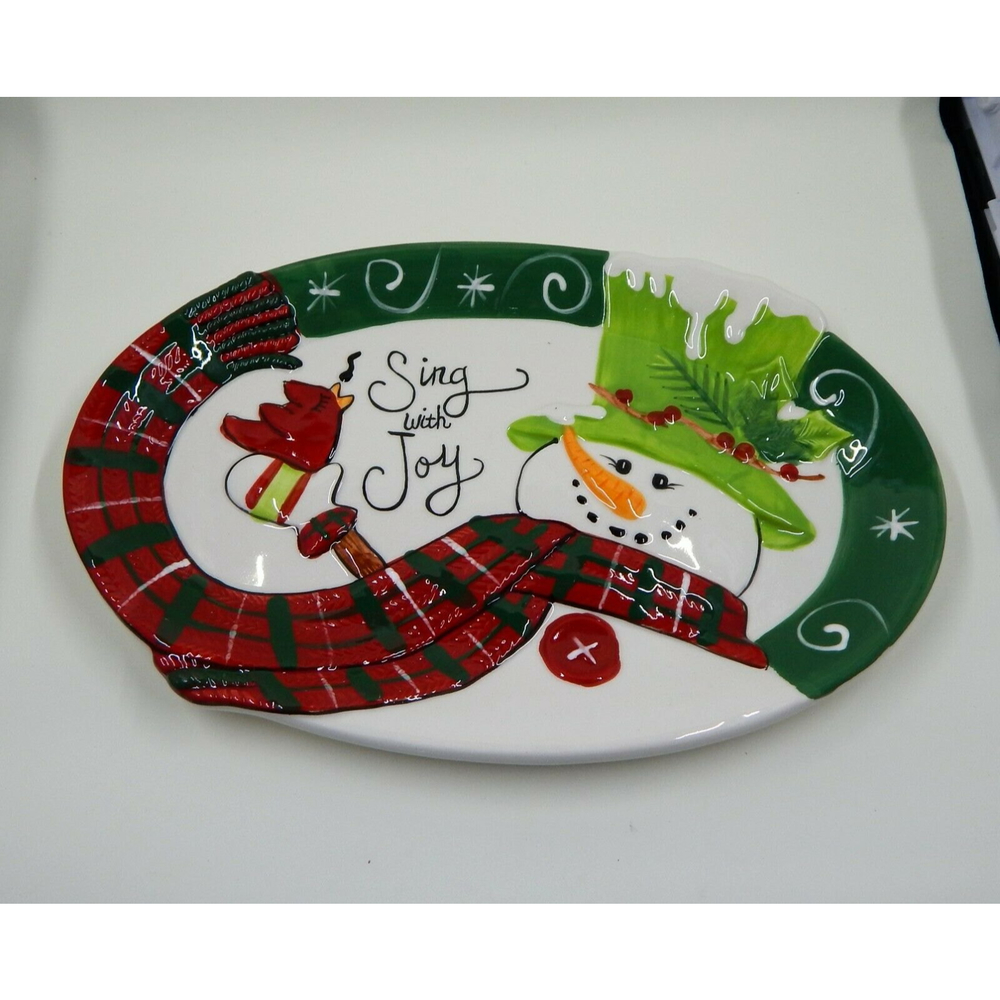 Fitz and Floyd Sentiment Tray Holly Hat Snowman Sing With Joy w/Box Oval